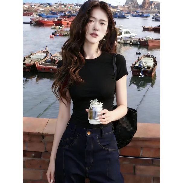 Premium Front Shoulder Brown T-shirt Women's Short Sleeve 2026 New Inner Base Slim Ins Early Spring Temperament Top_ecoleips.com