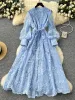 Spring Autumn French High-end Women's Dress New Lace Embroidery V-neck Lantern Sleeves Single Breasted Party Birthday Dress C192_ecoleips.com
