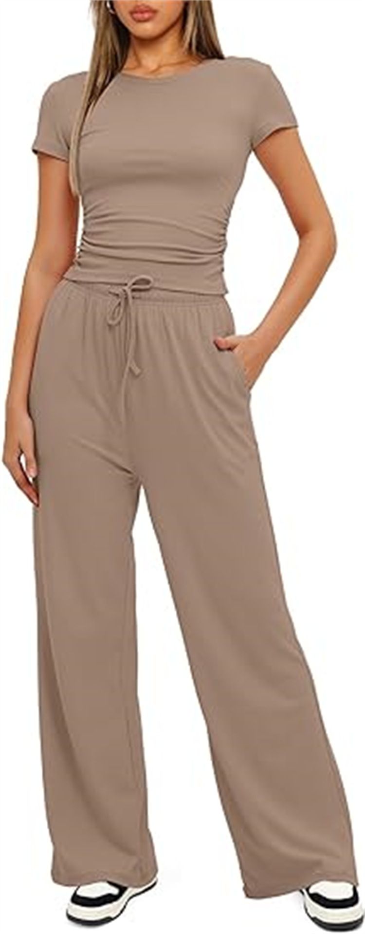 Women's Two Piece Set Short Sleeved Ruffled Top Casual Sweatpants Versatile Relaxed Style_ecoleips.com