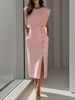 Women's Clothing Fashion Royal Sister Style Solid Color Round Neck Waist Slit Metal Button Summer Dress For Women_ecoleips.com