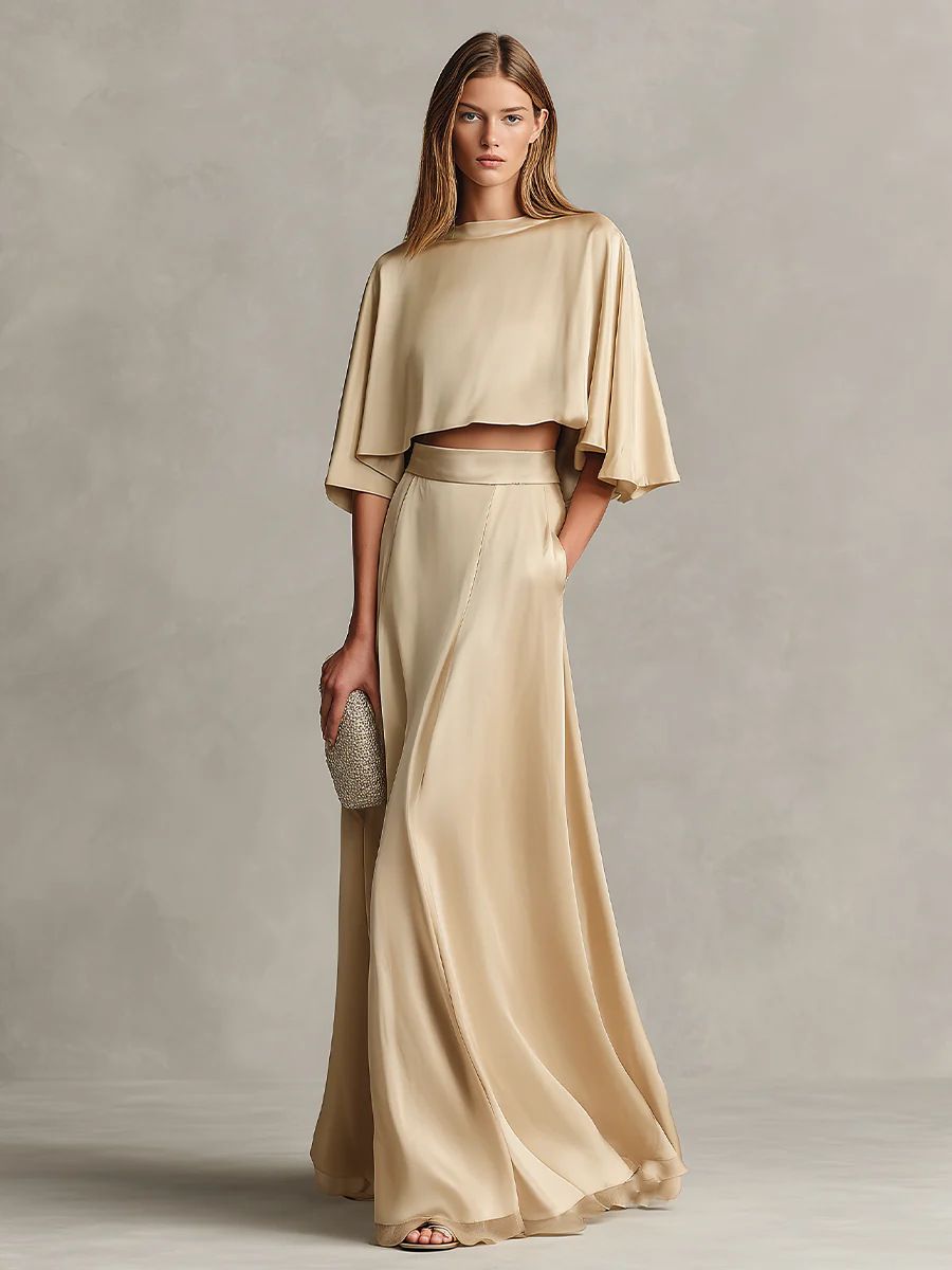 Women's Satin Peplum Dress Set – Timeless Elegance With Flutter Sleeves For Spring & Fall_ecoleips.com