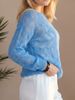 Spring Summer Women Hollow Out Knit Sweater Lightweight Breathable Sheer Mesh Long Sleeve Boat Neck Loose Fit Casual Daily Knitted Pullover Top_ecoleips.com
