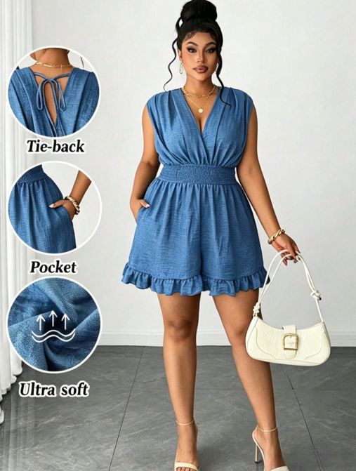 Curvy Faux Denim Sleeveless Romper, V Neck Back Bow Ruffle Flared Hem For Date Beach Festival_ecoleips.com
