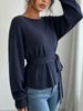 Women Boat Neck Long Sleeve Knit Top, Loose Waist Tie Sweater Lightweight Breathable Ribbed Cuffs Soft Skin Friendly Knit Blouse_ecoleips.com