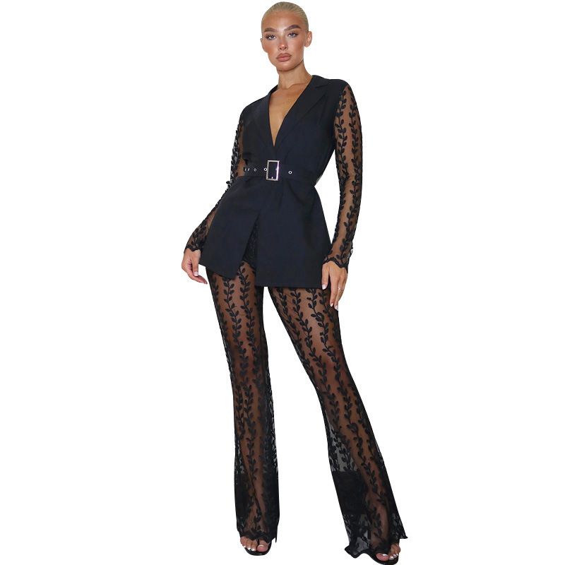 Women's Clothing Trendy Mesh Lace Floral Long Sleeve Top & Bell Bottom Pants Set - Stylish Two-Piece Outfit With Waist Tie, Sexy & Elegant_ecoleips.com