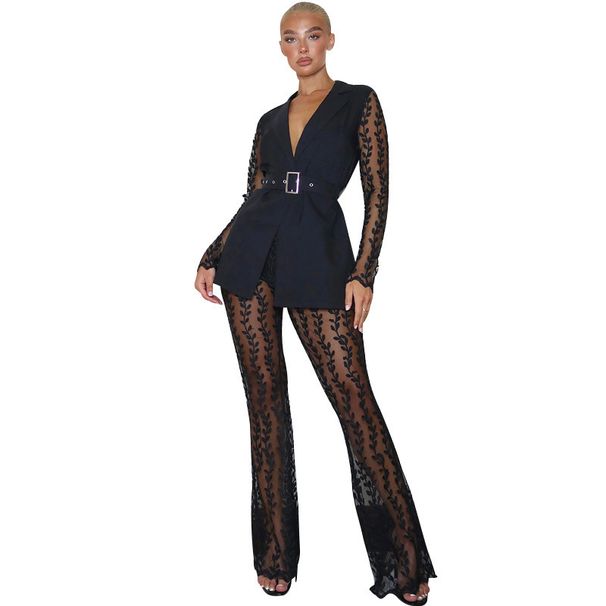 Women's Clothing Trendy Mesh Lace Floral Long Sleeve Top & Bell Bottom Pants Set - Stylish Two-Piece Outfit With Waist Tie, Sexy & Elegant_ecoleips.com