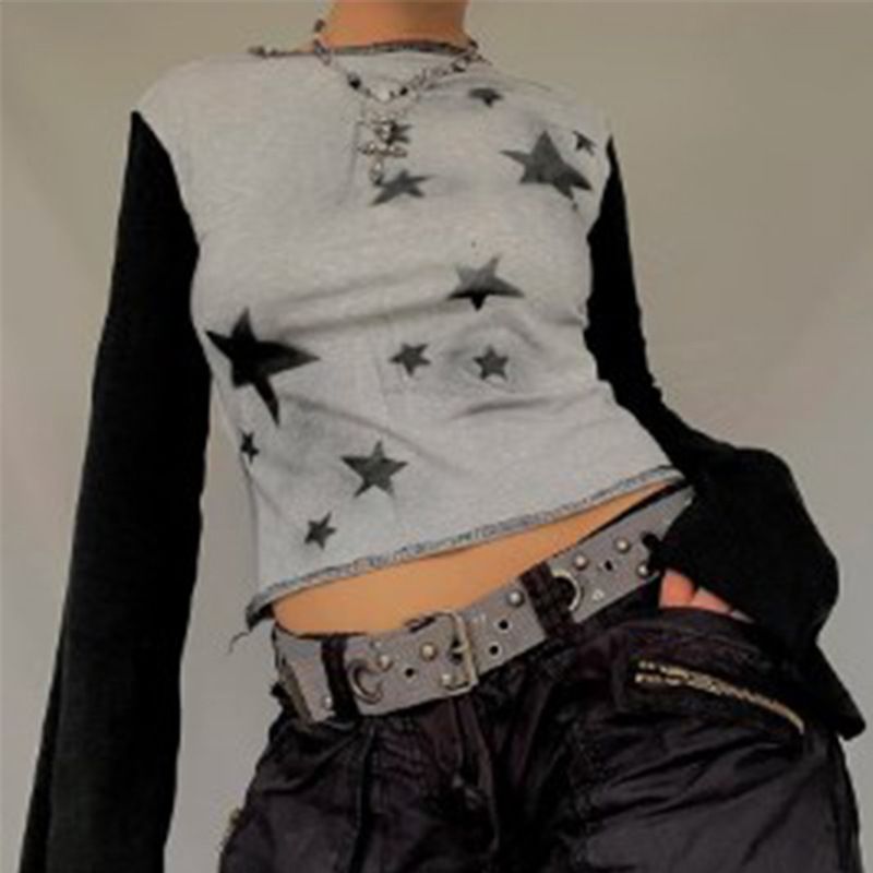 Harajuku Style Women's Long Sleeve T-Shirt Sparkling Star Print Contrasting Colors Versatile Flared Top Fashionable_ecoleips.com