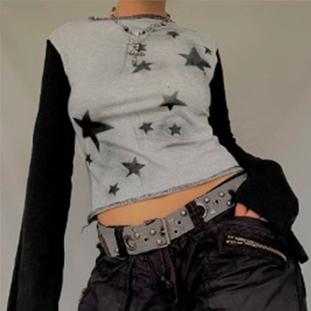 Harajuku Style Women's Long Sleeve T-Shirt Sparkling Star Print Contrasting Colors Versatile Flared Top Fashionable_ecoleips.com