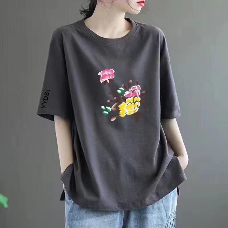 Casual Short Sleeve T-Shirt Women's Clothing Loose Fit Cotton Blend Tee With Printed Design Contrast Sleeve_ecoleips.com