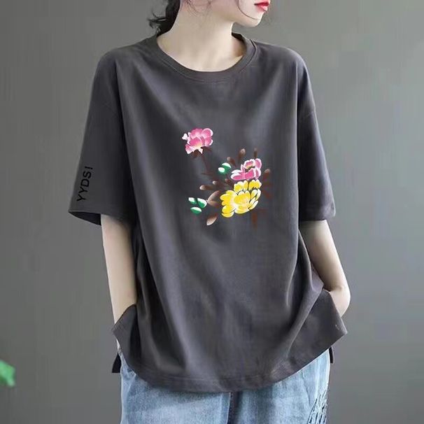 Casual Short Sleeve T-Shirt Women's Clothing Loose Fit Cotton Blend Tee With Printed Design Contrast Sleeve_ecoleips.com