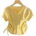 Women's Yellow Drawstring Cardigan Short Sleeve Ice Silk Knit T-Shirt Summer Korean Style Chic Top_ecoleips.com