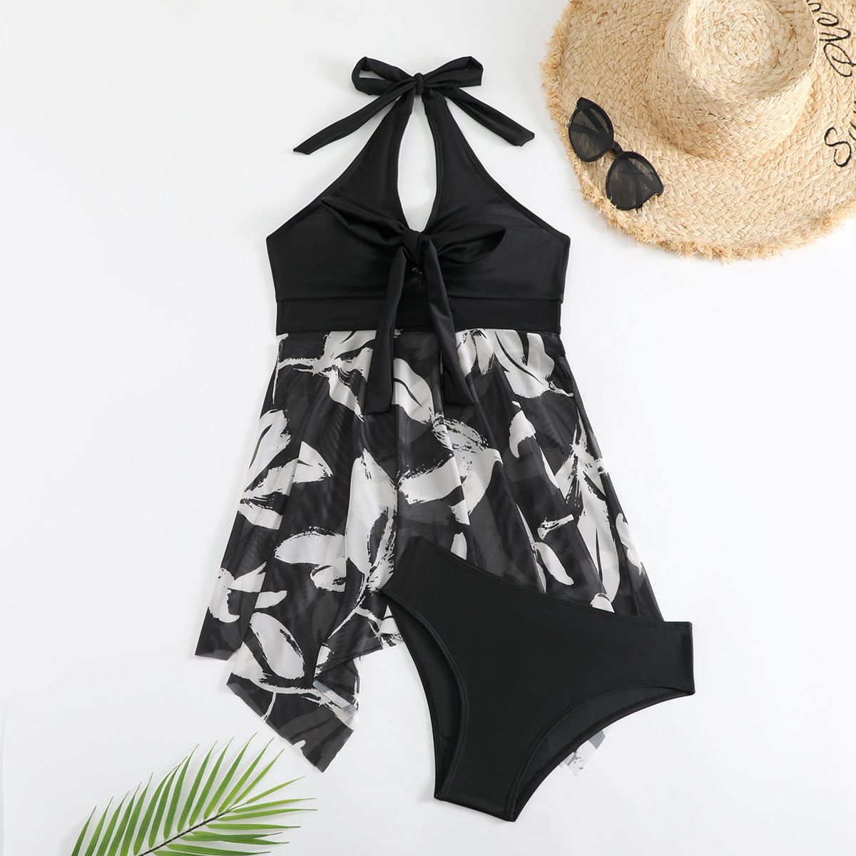 Elegant Halter Neck Bikini Set With Skirt – Floral Lace-Up Swimwear (Modest & Sexy For Beach & Pool)_ecoleips.com