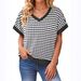 2026 Women Elegant V Neck Short Sleeve Soft Knitted Striped Loose Top_ecoleips.com