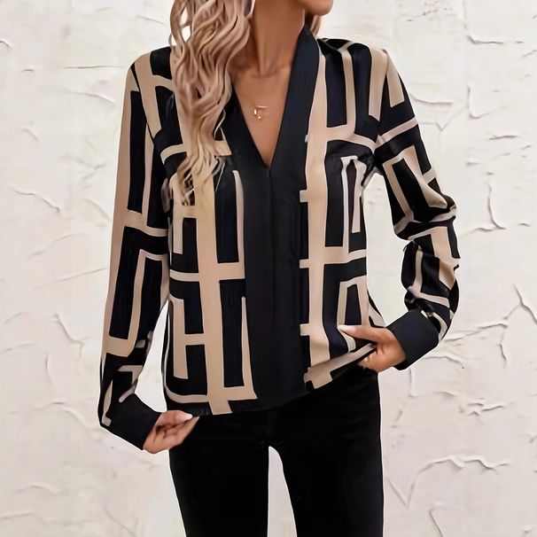 Women's Clothing Elegant Geometric Print Long Sleeved Shirt Women’s Geometric Print V-Neck Blouse – Stylish Long-Sleeve Top For Spring/Summer/Fall_ecoleips.com