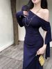 Burgundy Satin Slit-Neck Long Sleeve Bodycon Dress High Waist Asymmetrical Wrap Midi Dress with Detachable Sash for Women_ecoleips.com