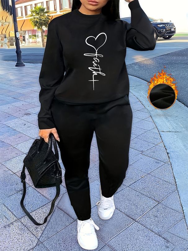Women's Autumn And Winter Hip-hop Casual Street Heart-shaped Cross Pattern Printed Round Neck Sports Shirt+sports Pants Set-512_ecoleips.com