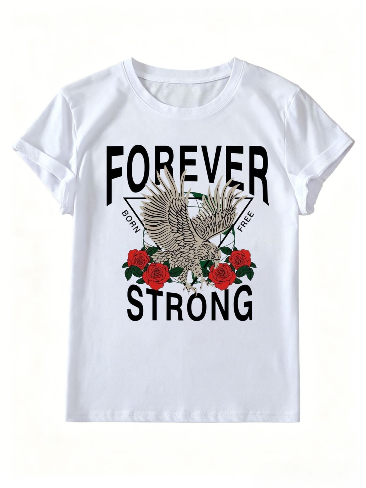 Women Forever Strong Eagle Red Rose Graphic T Shirt Born Free Triangle Print Short Sleeve Crew Neck Casual Western Streetwear Tee_ecoleips.com