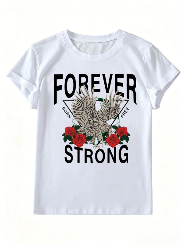 Women Forever Strong Eagle Red Rose Graphic T Shirt Born Free Triangle Print Short Sleeve Crew Neck Casual Western Streetwear Tee_ecoleips.com