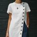 Women's Casual Fashion round Neck Split Button Short Sleeve Top mid Length Spring/Summer Tees Polyester Cotton_ecoleips.com
