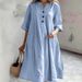 Women's Clothing Women's V Neck Dress Mid-Length Loose Version Cotton Linen Blend Half Sleeve Three Button Pocket Detail Style_ecoleips.com