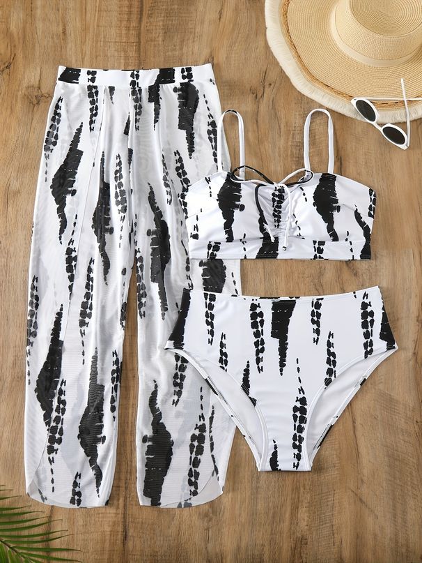 Aria Basics 2025 New European And American Cross-Border Best-Selling Plus Size Three-Piece Bikini Swimsuit With Mesh Pants_ecoleips.com