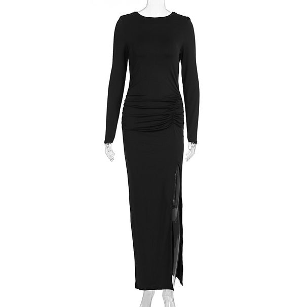 New Arrival Women Fall Dress Solid Color Crew Neck Backless Slim Fit Long Sleeve Long Dress For Ladies_ecoleips.com