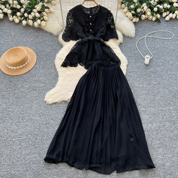 Women's Clothing Elegant Retro Waist Beaded Round Neck Hollow Hook Lace Top + High Waist Pleated Skirt_ecoleips.com