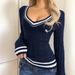 Embroidered Cable Knit V-Neck Long-Sleeved Pullover Knitted Sweater For Women_ecoleips.com