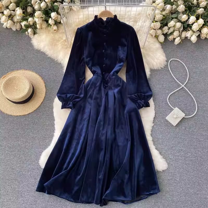 Velvet Flared Sleeve Midi Dress – Retro Wrap Waist Ruffle Neck (S-XXL) – Elegant Office & Evening Wear (Blue/Red)_ecoleips.com