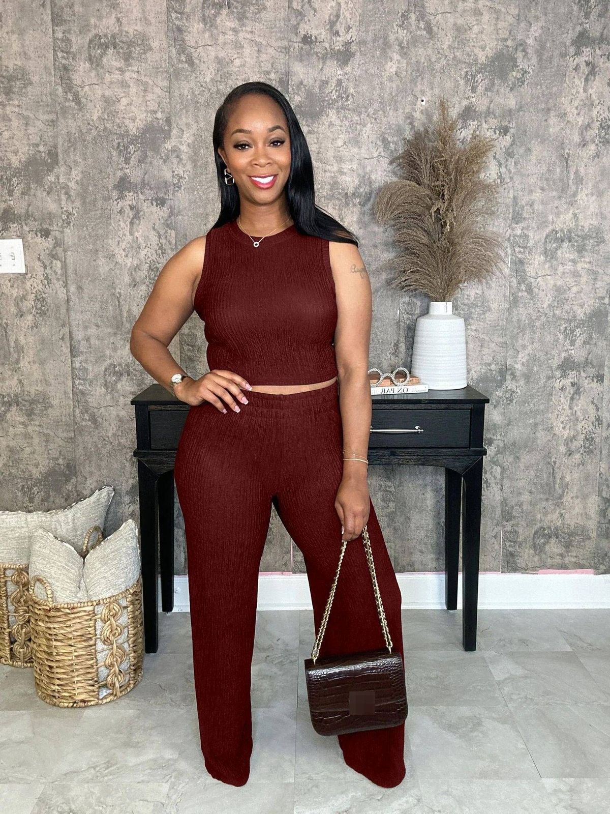 Women's Sleeveless Round Neck Solid Color Top & Long Pants Set - Breathable Polyester Spandex Blend - Casual Office Wear - Black/Maroon (S-XXL)_ecoleips.com
