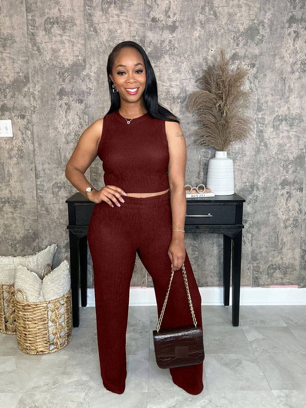 Women's Sleeveless Round Neck Solid Color Top & Long Pants Set - Breathable Polyester Spandex Blend - Casual Office Wear - Black/Maroon (S-XXL)_ecoleips.com