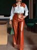 Women's Clothing Elegant Commuter Casual & Office Wear Long Sleeved Shirt With Belt And Wide Leg Leather Pants Two Piece Set_ecoleips.com