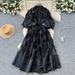 Women's Clothing French Retro Court Style Dress Beaded Lapel Lantern Sleeves Three Dimensional Floral Mesh Long Autumn_ecoleips.com