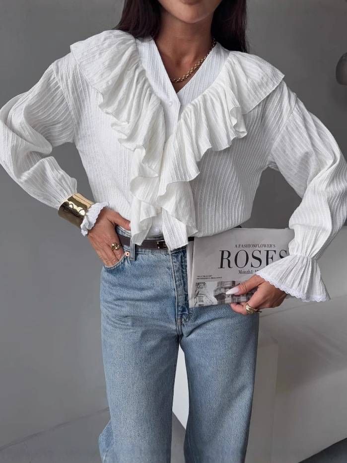 New Spring/Summer Women's Elegant Lace Layered Casual Shirt With French Lace Trim Long Sleeves_ecoleips.com