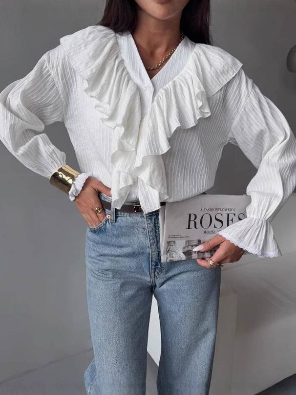 New Spring/Summer Women's Elegant Lace Layered Casual Shirt With French Lace Trim Long Sleeves_ecoleips.com