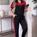 Women's Casual Contrast Trim Hooded Top And Striped Straight Leg Pants Two-Piece Outfit Short Sleeve Set_ecoleips.com