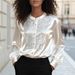 Elegant Satin Blouse With Sequin & Contrast Panel Detailing - Round Neck Drop Shoulder Long Sleeve Shirt For Women, Office & Casual Wear_ecoleips.com