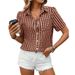 Women's Loose Fit Short Sleeve Plaid Shirt With Pocket, Casual Comfort Stretch Button Down Top For Spring Summer_ecoleips.com