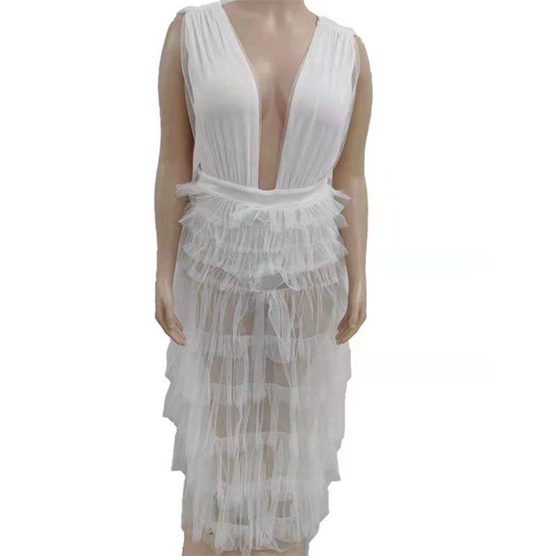 Women's Summer temperament sexy V-neck high-waisted pleated evening dress black ethnic style suspender type long skirt mesh dress_ecoleips.com