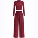 K New Two-piece Long Sleeved Crop Top, Wide Leg Pants, Solid Color Fashion Set_ecoleips.com
