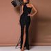 Women Solid Color Wrap Chest Sequined High Waist Black Long Dress Elegant Commuting Sweet Slim Waist Party Cocktail Dress_ecoleips.com