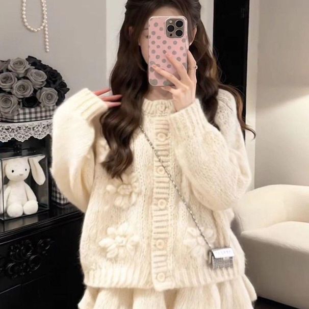 Eleganly Beauiful Solid Color Se, Loose And Slimming Skir, Hree-dimensional Floral Kni Op, Casual Wo-piece_ecoleips.com