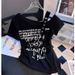 American Printed Slanted Shoulder Strap Short-sleeved T-shirt Women's Summer New Pleated Waist Irregular Short Top_ecoleips.com
