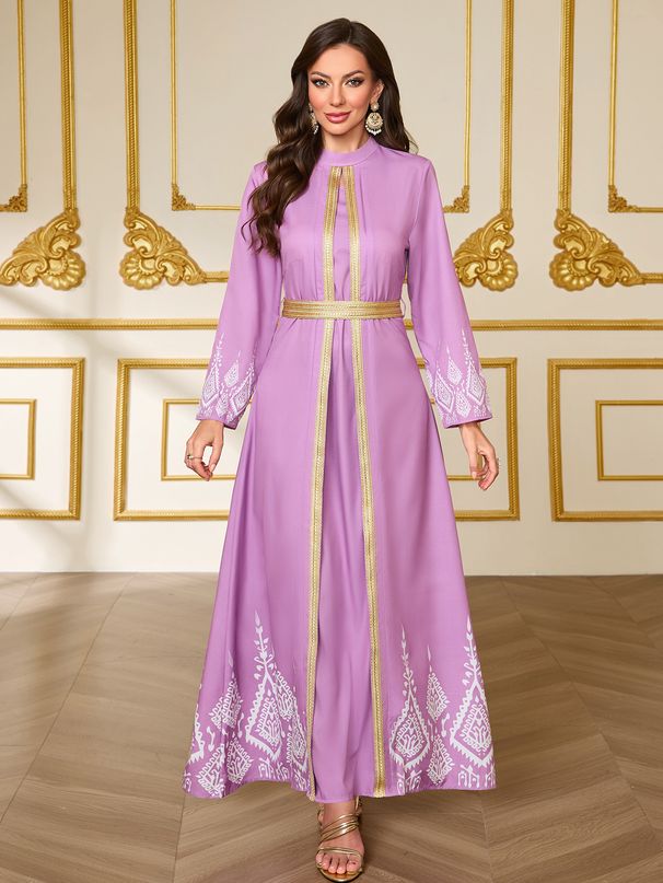 Modest Abaya Dress Elegant Printed Long Sleeve Kaftan Dress With Belt – Flowy Cover-Up Abaya For Women_ecoleips.com