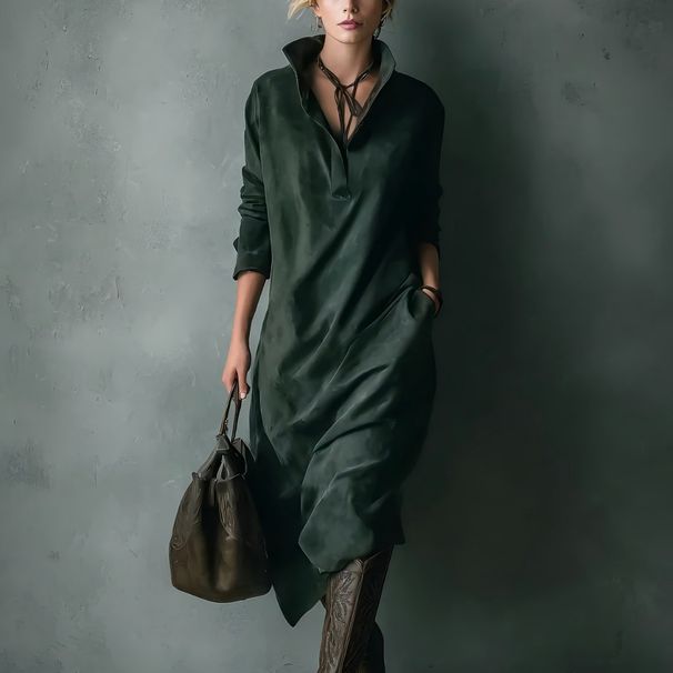 Women's Clothing Women's Suede Long Sleeve Midi Dress Casual Loose Fit With Pockets Solid Color Style Autumn Winter Wear_ecoleips.com
