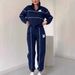 Women's Fashionable Lapel Zipper Polo Shirt Set Solid Color Autumn Sweatshirt_ecoleips.com
