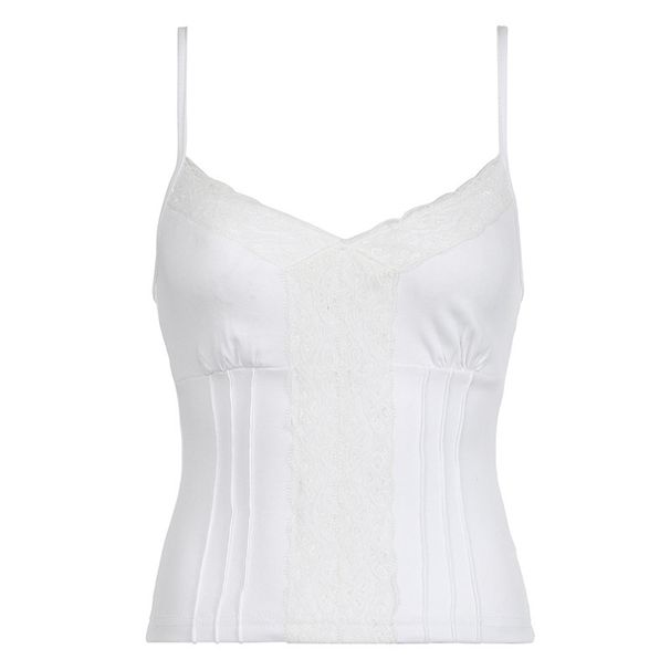 Aria Basics Aria Basics European And American Style Summer Lace Trim Split Camisole With Deep V-neck, Solid Color Versatile Top For Hot Girls_ecoleips.com