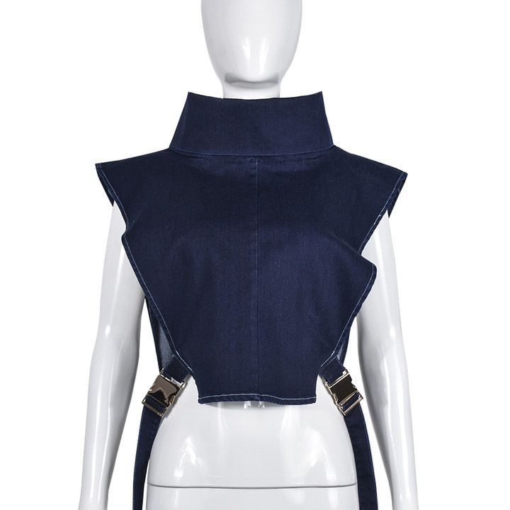 European And American Women's Clothing 2025 Spring New Fashion Lace Stand Collar Casual Denim Vest Top_ecoleips.com
