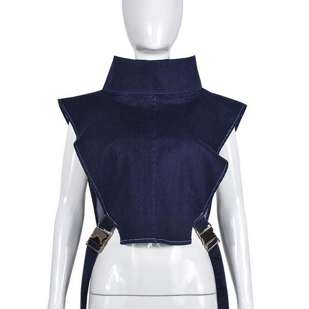 European And American Women's Clothing 2025 Spring New Fashion Lace Stand Collar Casual Denim Vest Top_ecoleips.com