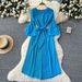 Women's Clothing Fashion Dress For Women With Waist Hugging Straps And Three Dimensional Flowers Trumpet Sleeves And Pleated Long Skirt_ecoleips.com